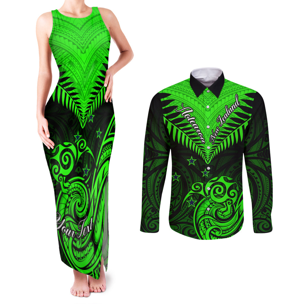 Personalised New Zealand Couples Matching Tank Maxi Dress and Long Sleeve Button Shirts Aotearoa Maori Kiwi Green Fern - Wonder Print Shop