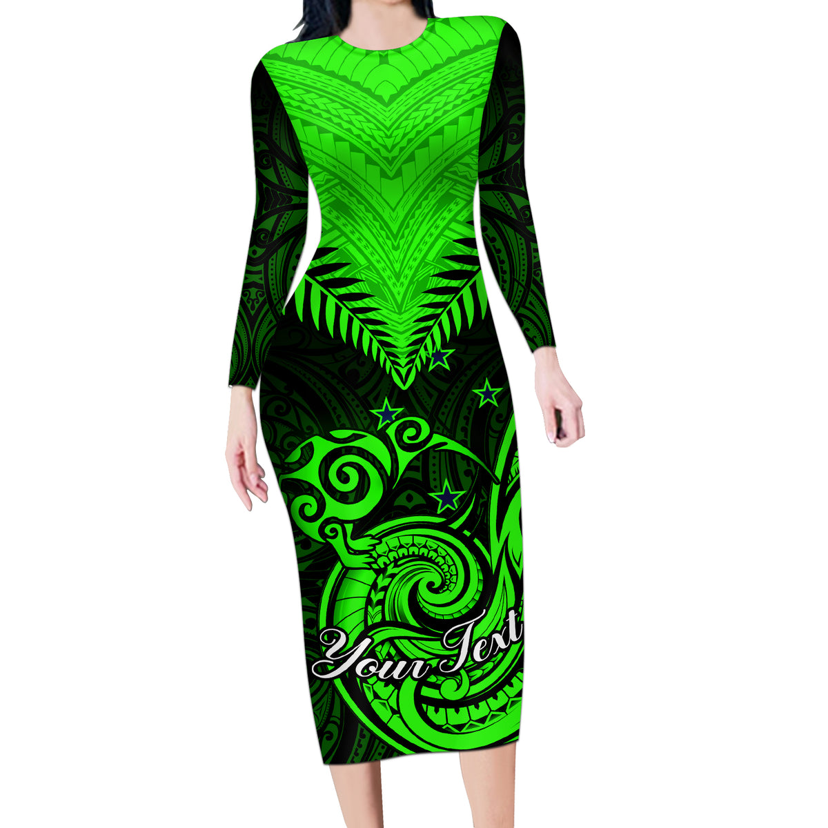 Personalised New Zealand Long Sleeve Bodycon Dress Aotearoa Maori Kiwi Green Fern - Wonder Print Shop