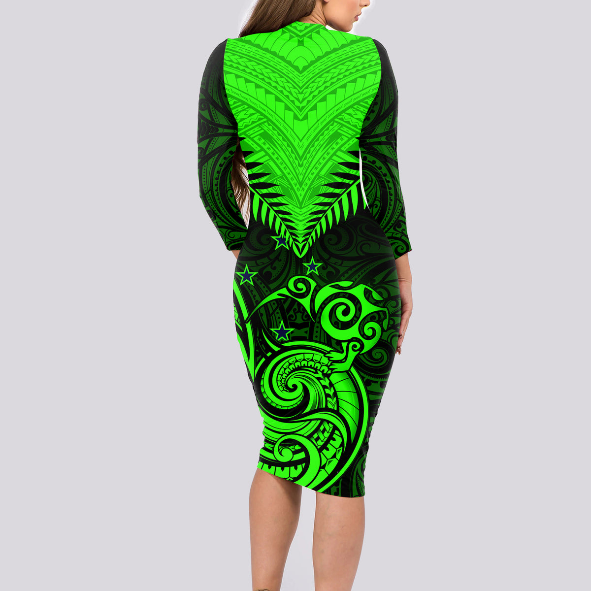 Personalised New Zealand Long Sleeve Bodycon Dress Aotearoa Maori Kiwi Green Fern - Wonder Print Shop