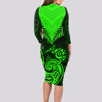 Personalised New Zealand Long Sleeve Bodycon Dress Aotearoa Maori Kiwi Green Fern - Wonder Print Shop