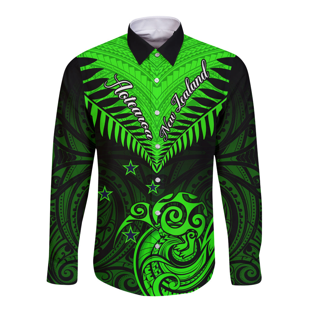 Personalised New Zealand Long Sleeve Button Shirt Aotearoa Maori Kiwi Green Fern - Wonder Print Shop
