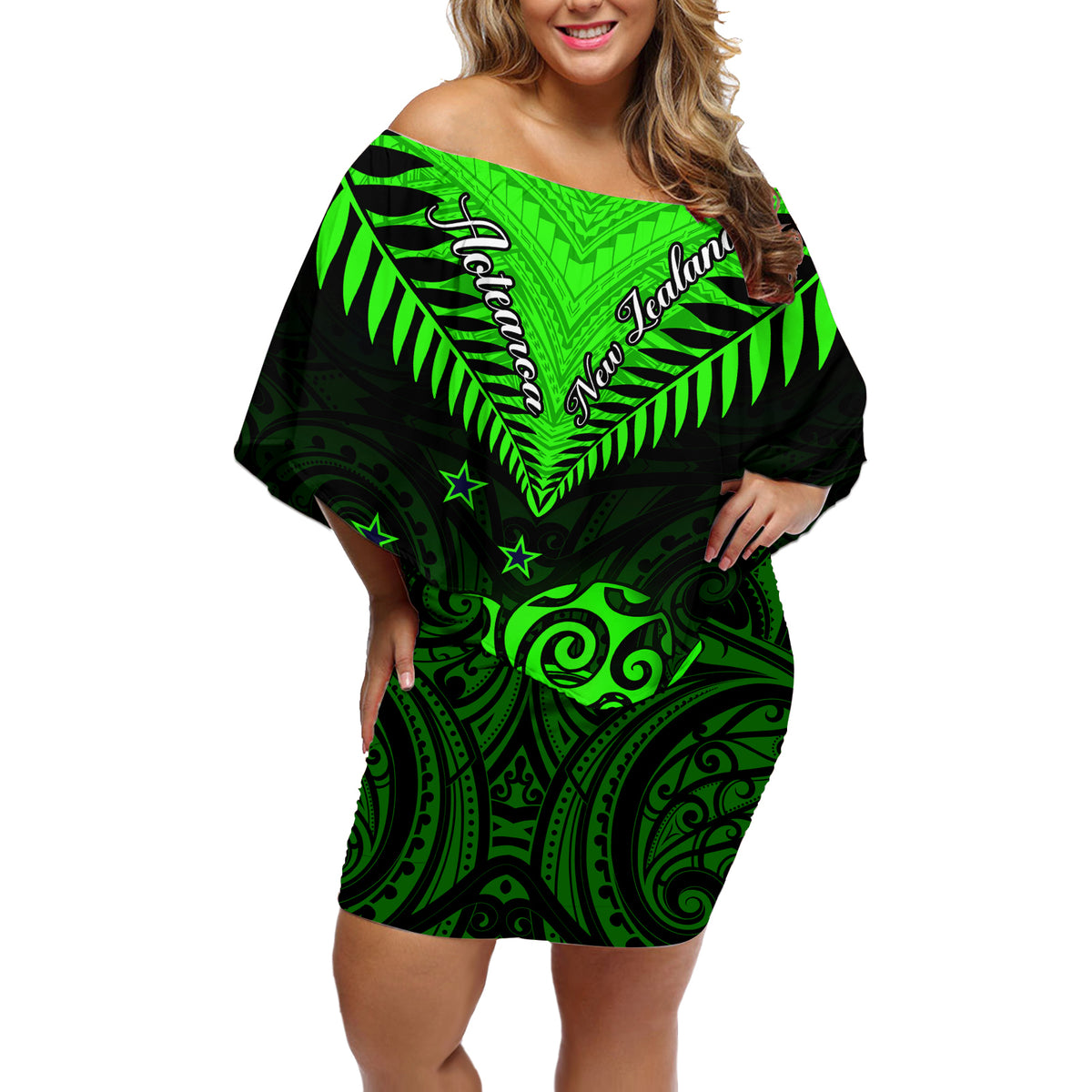 Personalised New Zealand Off Shoulder Short Dress Aotearoa Maori Kiwi Green Fern - Wonder Print Shop