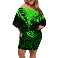 Personalised New Zealand Off Shoulder Short Dress Aotearoa Maori Kiwi Green Fern - Wonder Print Shop