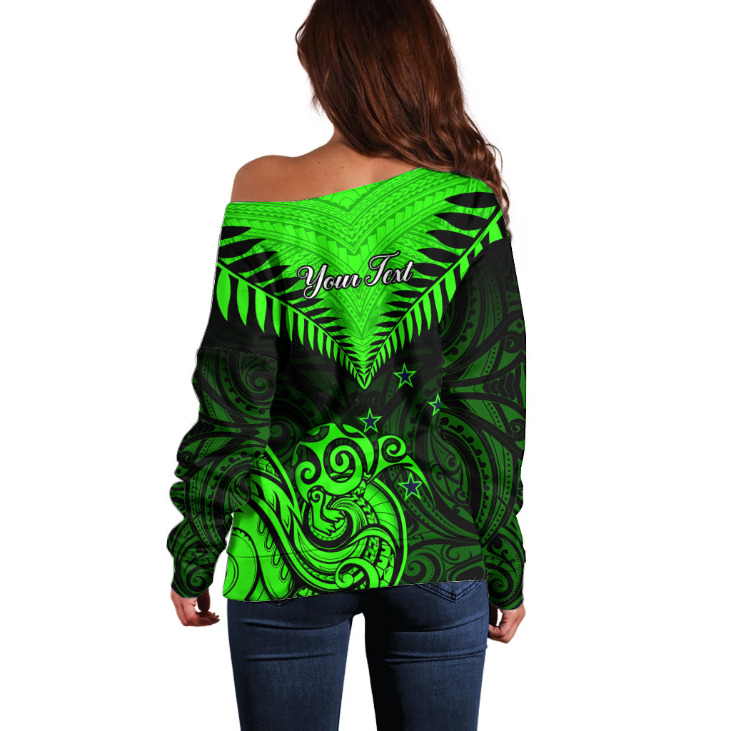 Personalised New Zealand Off Shoulder Sweater Aotearoa Maori Kiwi Green Fern - Wonder Print Shop