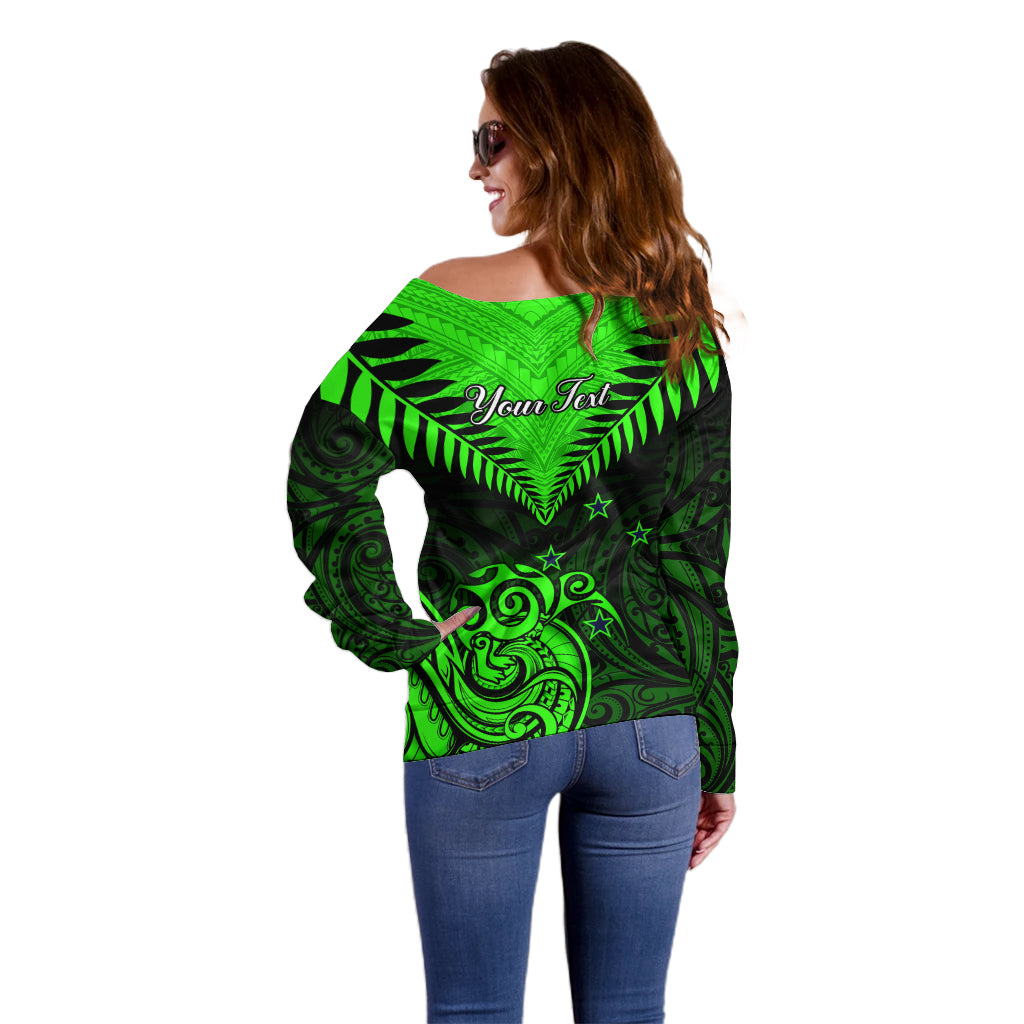 Personalised New Zealand Off Shoulder Sweater Aotearoa Maori Kiwi Green Fern - Wonder Print Shop
