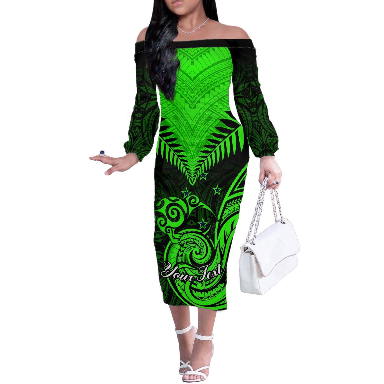 Personalised New Zealand Off The Shoulder Long Sleeve Dress Aotearoa Maori Kiwi Green Fern - Wonder Print Shop