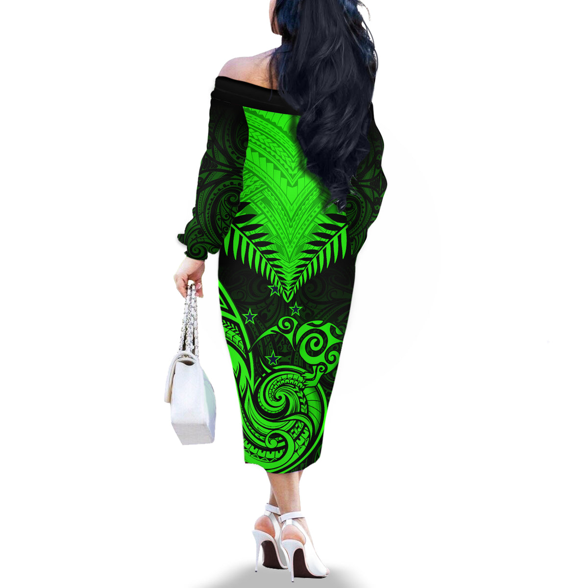 Personalised New Zealand Off The Shoulder Long Sleeve Dress Aotearoa Maori Kiwi Green Fern - Wonder Print Shop