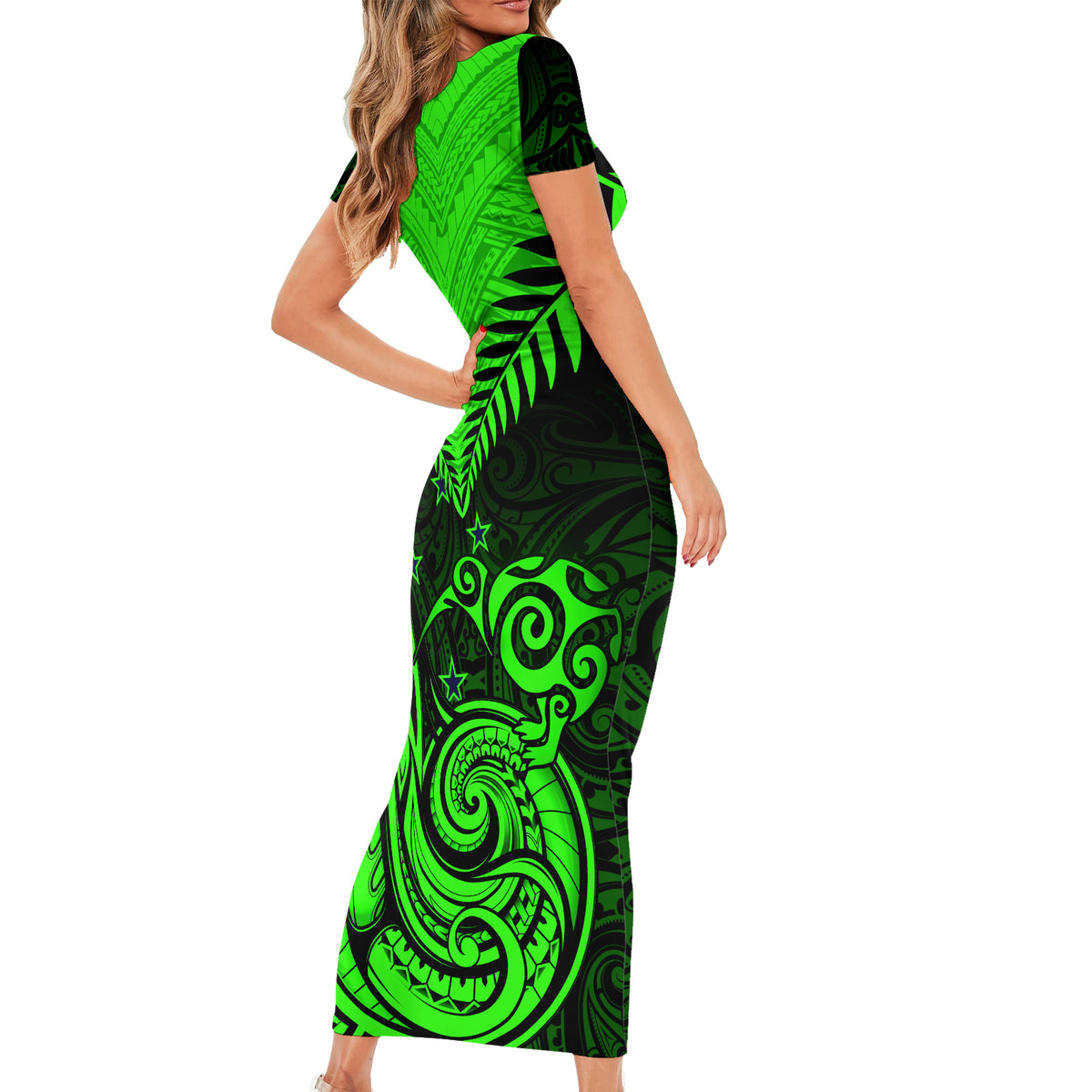 Personalised New Zealand Short Sleeve Bodycon Dress Aotearoa Maori Kiwi Green Fern - Wonder Print Shop
