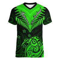 Personalised New Zealand Women V Neck T Shirt Aotearoa Maori Kiwi Green Fern - Wonder Print Shop