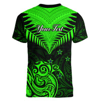 Personalised New Zealand Women V Neck T Shirt Aotearoa Maori Kiwi Green Fern - Wonder Print Shop