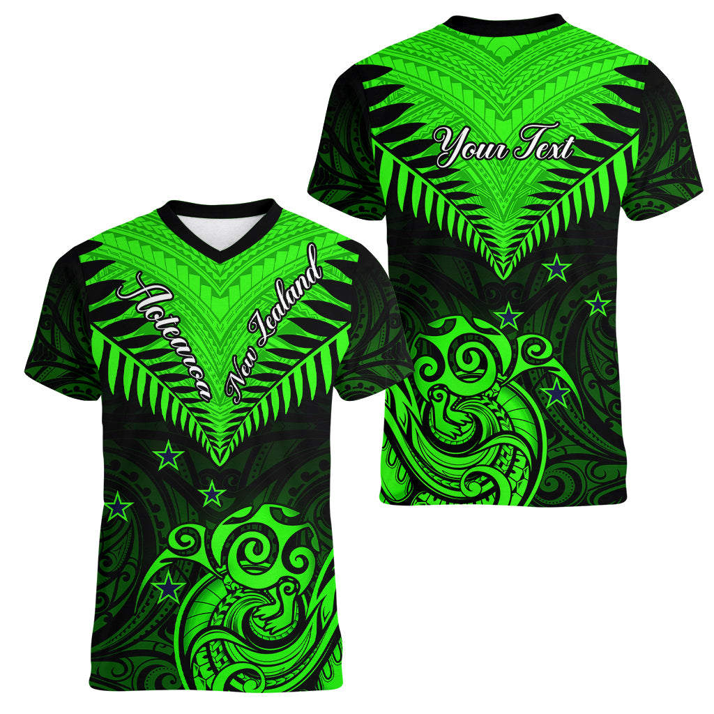 Personalised New Zealand Women V Neck T Shirt Aotearoa Maori Kiwi Green Fern - Wonder Print Shop