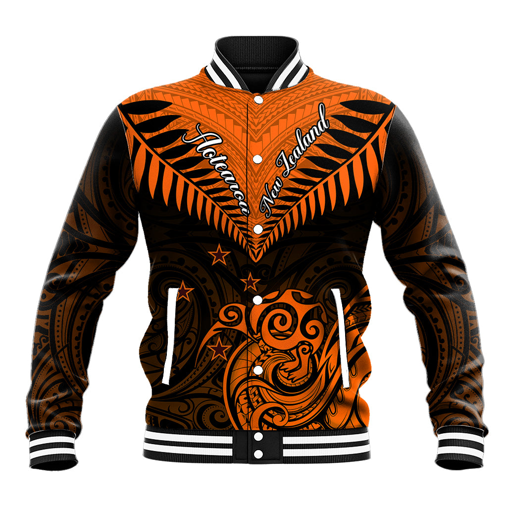 Personalised New Zealand Baseball Jacket Aotearoa Maori Kiwi Orange Fern - Wonder Print Shop