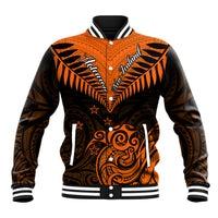 Personalised New Zealand Baseball Jacket Aotearoa Maori Kiwi Orange Fern - Wonder Print Shop
