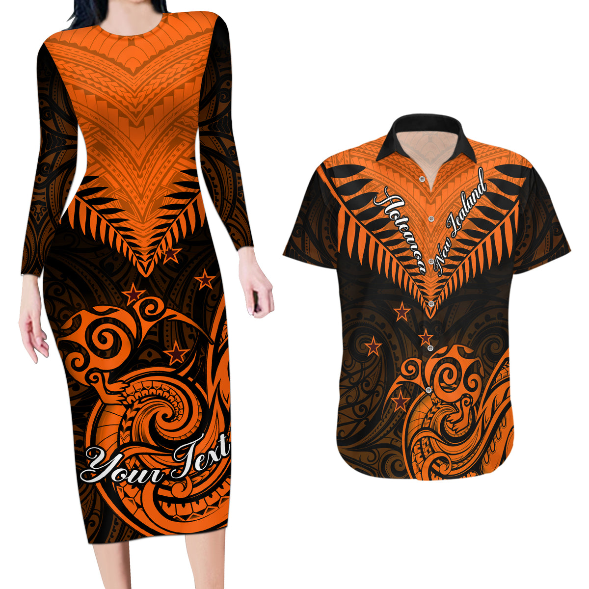 Personalised New Zealand Couples Matching Long Sleeve Bodycon Dress and Hawaiian Shirt Aotearoa Maori Kiwi Orange Fern - Wonder Print Shop