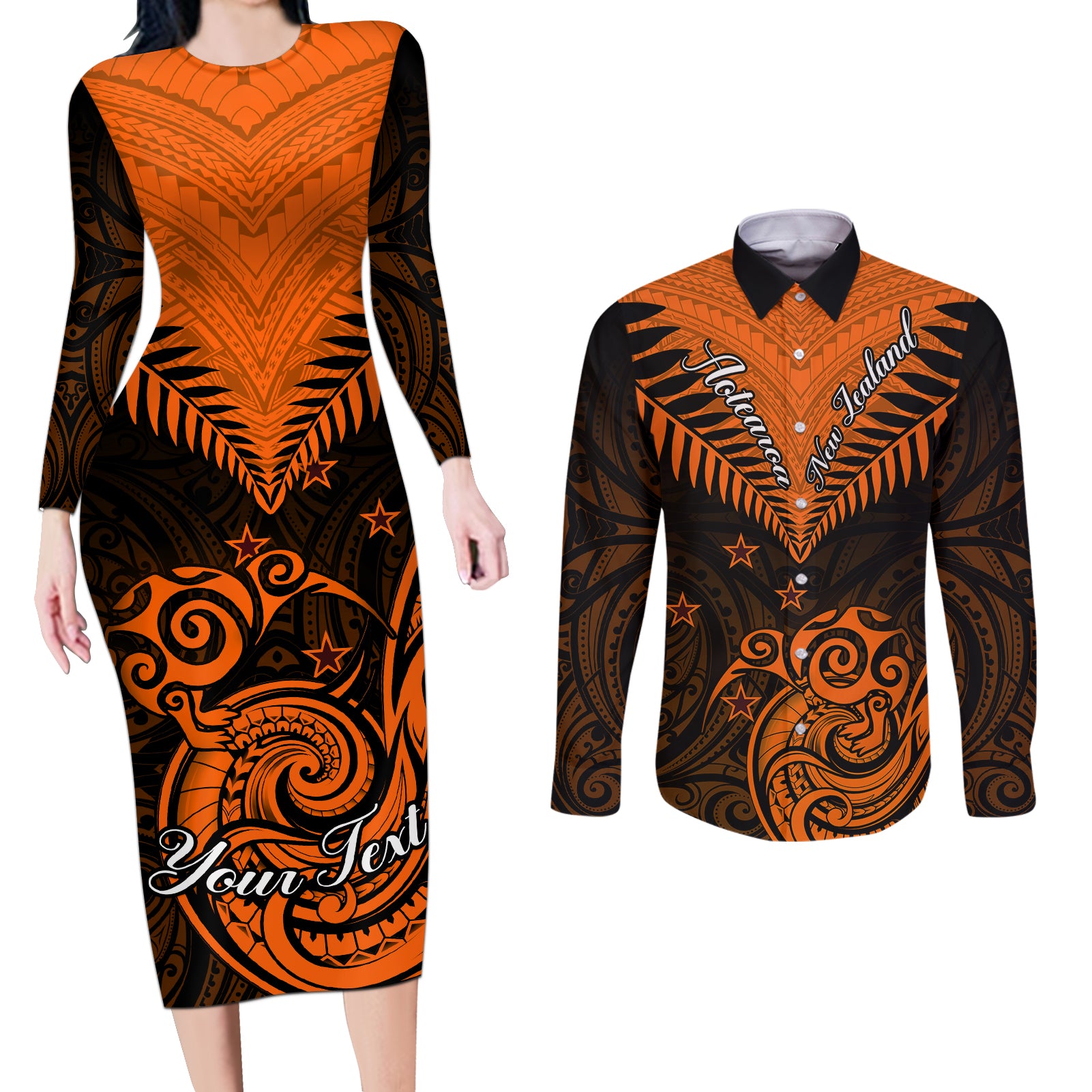 Personalised New Zealand Couples Matching Long Sleeve Bodycon Dress and Long Sleeve Button Shirts Aotearoa Maori Kiwi Orange Fern - Wonder Print Shop