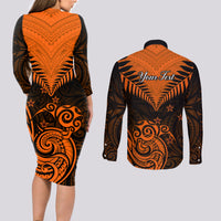 Personalised New Zealand Couples Matching Long Sleeve Bodycon Dress and Long Sleeve Button Shirts Aotearoa Maori Kiwi Orange Fern - Wonder Print Shop