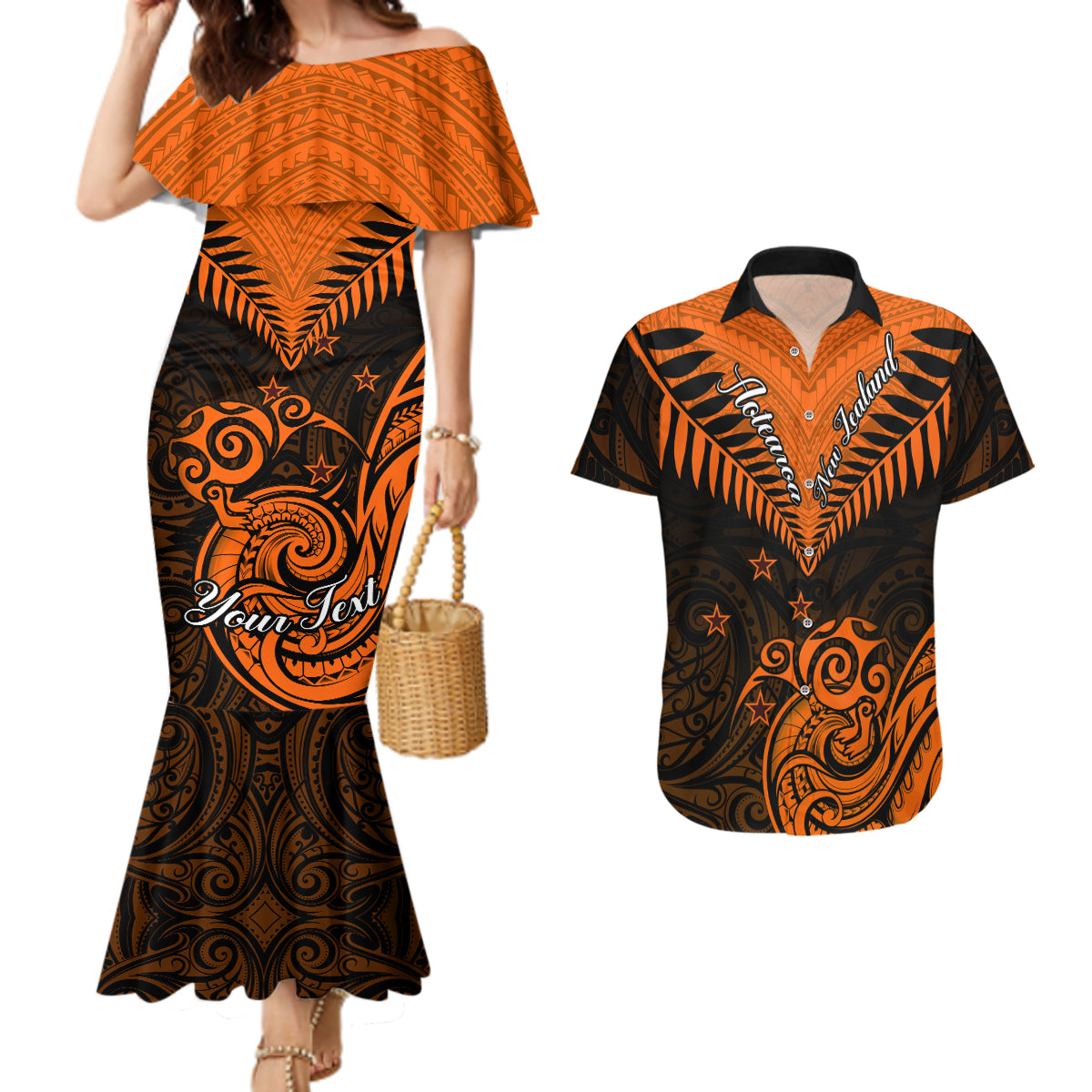 Personalised New Zealand Couples Matching Mermaid Dress And Hawaiian Shirt Aotearoa Maori Kiwi Orange Fern - Wonder Print Shop