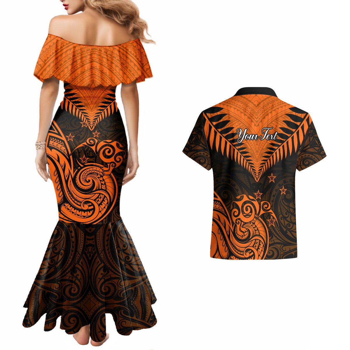 Personalised New Zealand Couples Matching Mermaid Dress And Hawaiian Shirt Aotearoa Maori Kiwi Orange Fern - Wonder Print Shop
