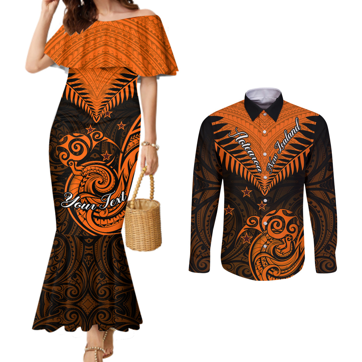 personalised-new-zealand-couples-matching-mermaid-dress-and-long-sleeve-button-shirts-aotearoa-maori-kiwi-orange-fern