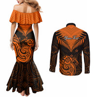 personalised-new-zealand-couples-matching-mermaid-dress-and-long-sleeve-button-shirts-aotearoa-maori-kiwi-orange-fern