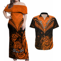 Personalised New Zealand Couples Matching Off Shoulder Maxi Dress and Hawaiian Shirt Aotearoa Maori Kiwi Orange Fern - Wonder Print Shop