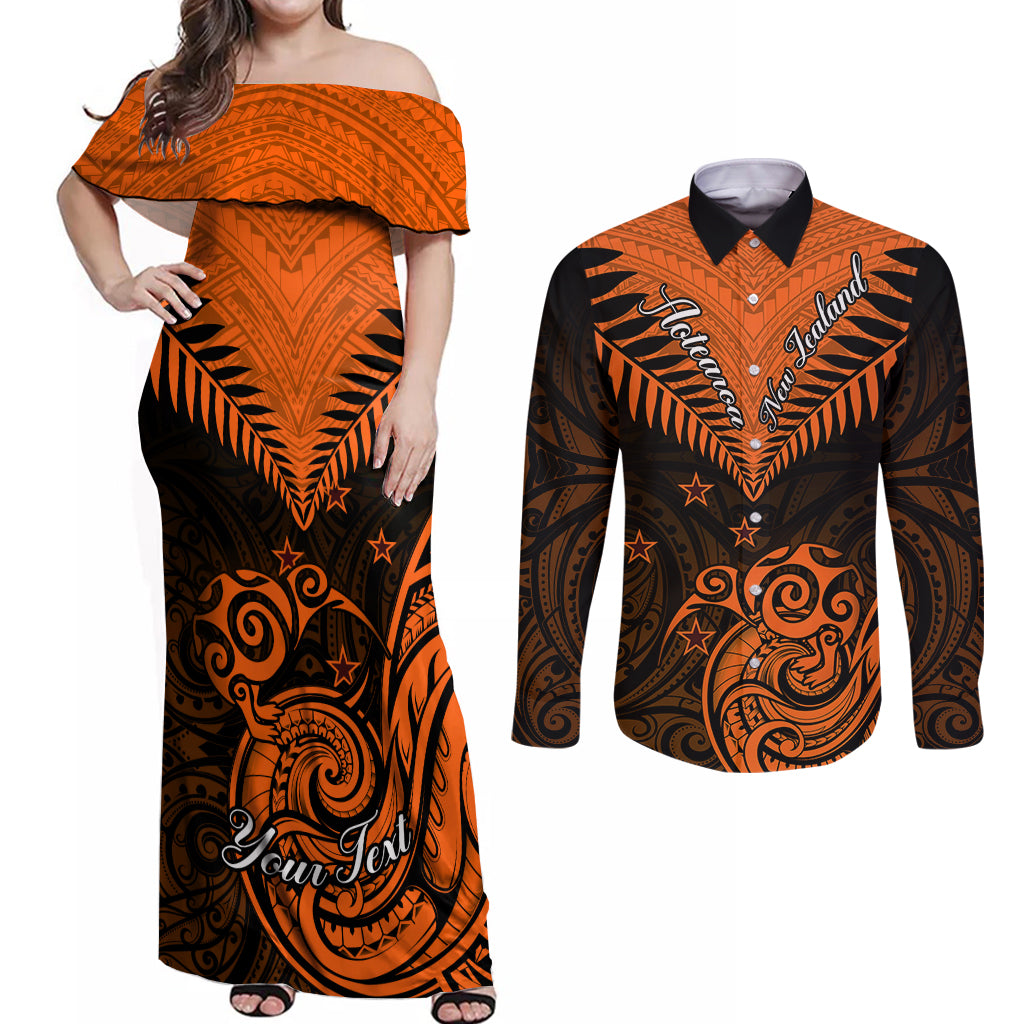 Personalised New Zealand Couples Matching Off Shoulder Maxi Dress and Long Sleeve Button Shirts Aotearoa Maori Kiwi Orange Fern - Wonder Print Shop