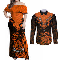 Personalised New Zealand Couples Matching Off Shoulder Maxi Dress and Long Sleeve Button Shirts Aotearoa Maori Kiwi Orange Fern - Wonder Print Shop