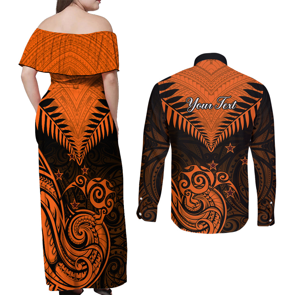 Personalised New Zealand Couples Matching Off Shoulder Maxi Dress and Long Sleeve Button Shirts Aotearoa Maori Kiwi Orange Fern - Wonder Print Shop