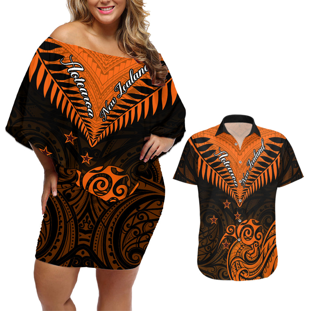Personalised New Zealand Couples Matching Off Shoulder Short Dress and Hawaiian Shirt Aotearoa Maori Kiwi Orange Fern - Wonder Print Shop