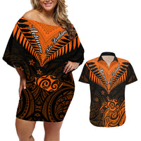 Personalised New Zealand Couples Matching Off Shoulder Short Dress and Hawaiian Shirt Aotearoa Maori Kiwi Orange Fern - Wonder Print Shop