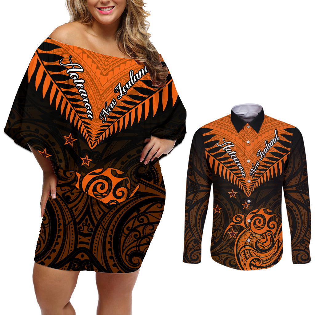 Personalised New Zealand Couples Matching Off Shoulder Short Dress and Long Sleeve Button Shirts Aotearoa Maori Kiwi Orange Fern - Wonder Print Shop