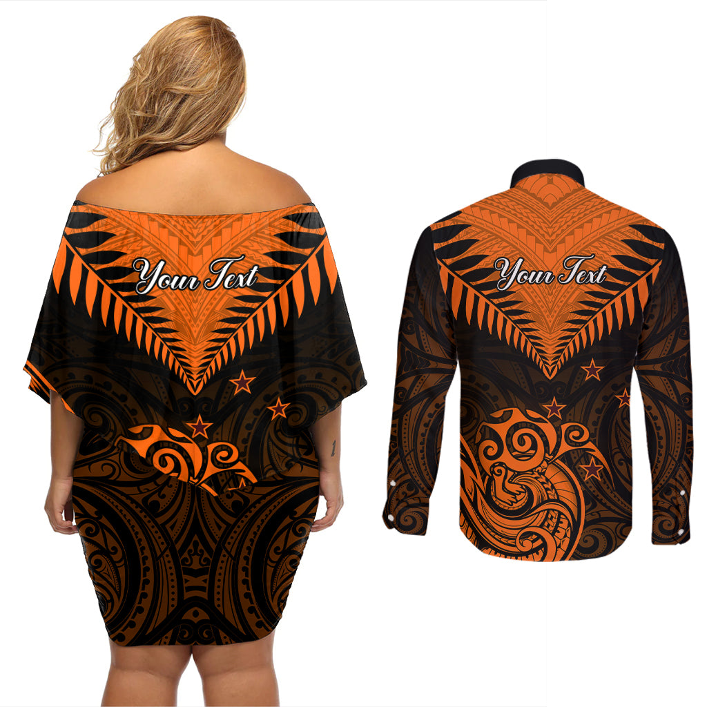 Personalised New Zealand Couples Matching Off Shoulder Short Dress and Long Sleeve Button Shirts Aotearoa Maori Kiwi Orange Fern - Wonder Print Shop