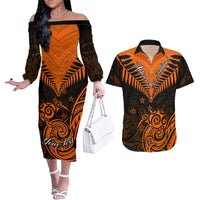 Personalised New Zealand Couples Matching Off The Shoulder Long Sleeve Dress and Hawaiian Shirt Aotearoa Maori Kiwi Orange Fern - Wonder Print Shop