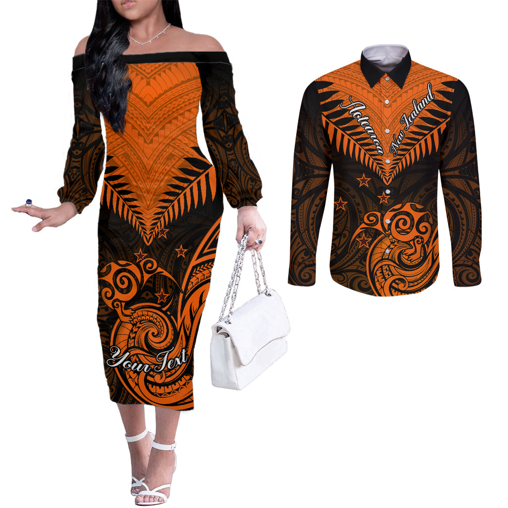 personalised-new-zealand-couples-matching-off-the-shoulder-long-sleeve-dress-and-long-sleeve-button-shirts-aotearoa-maori-kiwi-orange-fern