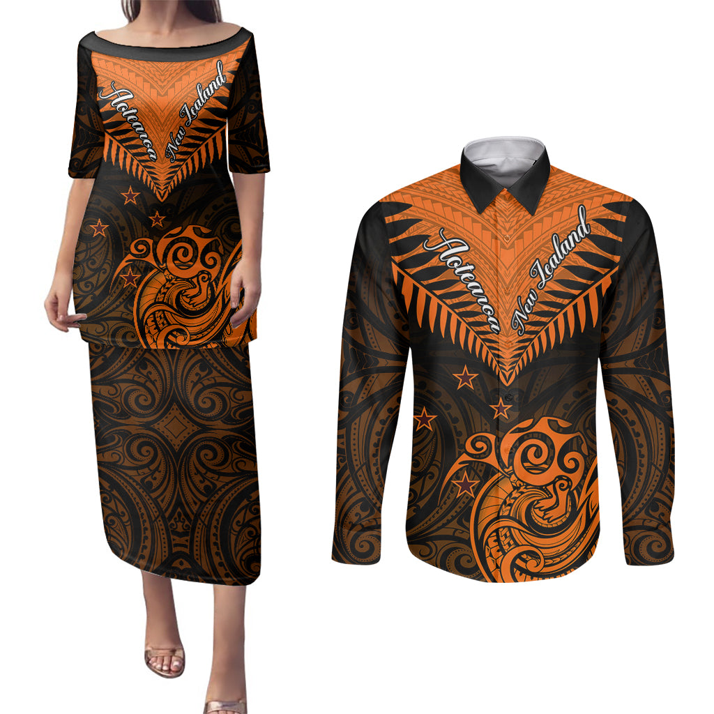 Personalised New Zealand Couples Matching Puletasi Dress and Long Sleeve Button Shirts Aotearoa Maori Kiwi Orange Fern - Wonder Print Shop