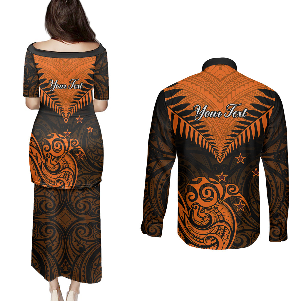 Personalised New Zealand Couples Matching Puletasi Dress and Long Sleeve Button Shirts Aotearoa Maori Kiwi Orange Fern - Wonder Print Shop
