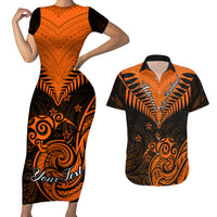 Personalised New Zealand Couples Matching Short Sleeve Bodycon Dress and Hawaiian Shirt Aotearoa Maori Kiwi Orange Fern - Wonder Print Shop
