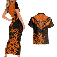 Personalised New Zealand Couples Matching Short Sleeve Bodycon Dress and Hawaiian Shirt Aotearoa Maori Kiwi Orange Fern - Wonder Print Shop