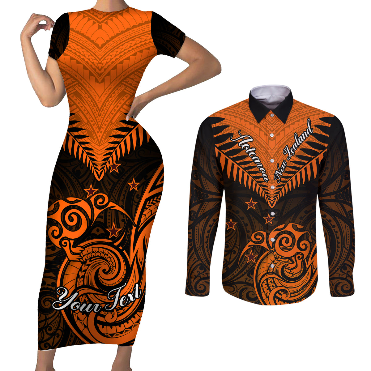Personalised New Zealand Couples Matching Short Sleeve Bodycon Dress and Long Sleeve Button Shirts Aotearoa Maori Kiwi Orange Fern - Wonder Print Shop