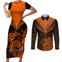 Personalised New Zealand Couples Matching Short Sleeve Bodycon Dress and Long Sleeve Button Shirts Aotearoa Maori Kiwi Orange Fern - Wonder Print Shop