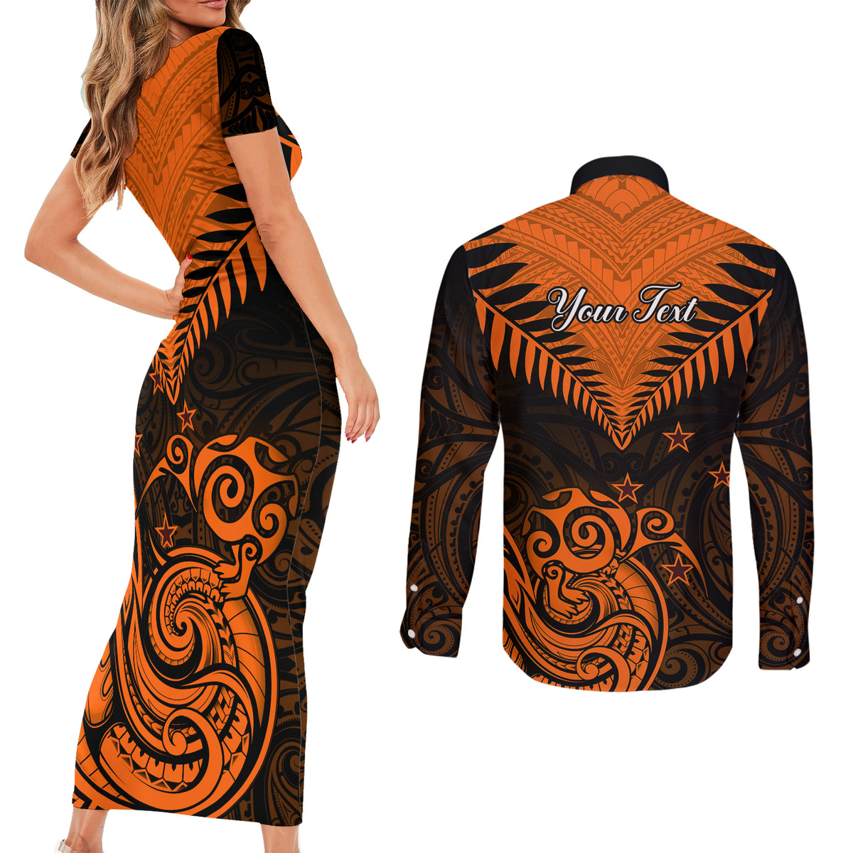 Personalised New Zealand Couples Matching Short Sleeve Bodycon Dress and Long Sleeve Button Shirts Aotearoa Maori Kiwi Orange Fern - Wonder Print Shop