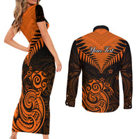Personalised New Zealand Couples Matching Short Sleeve Bodycon Dress and Long Sleeve Button Shirts Aotearoa Maori Kiwi Orange Fern - Wonder Print Shop