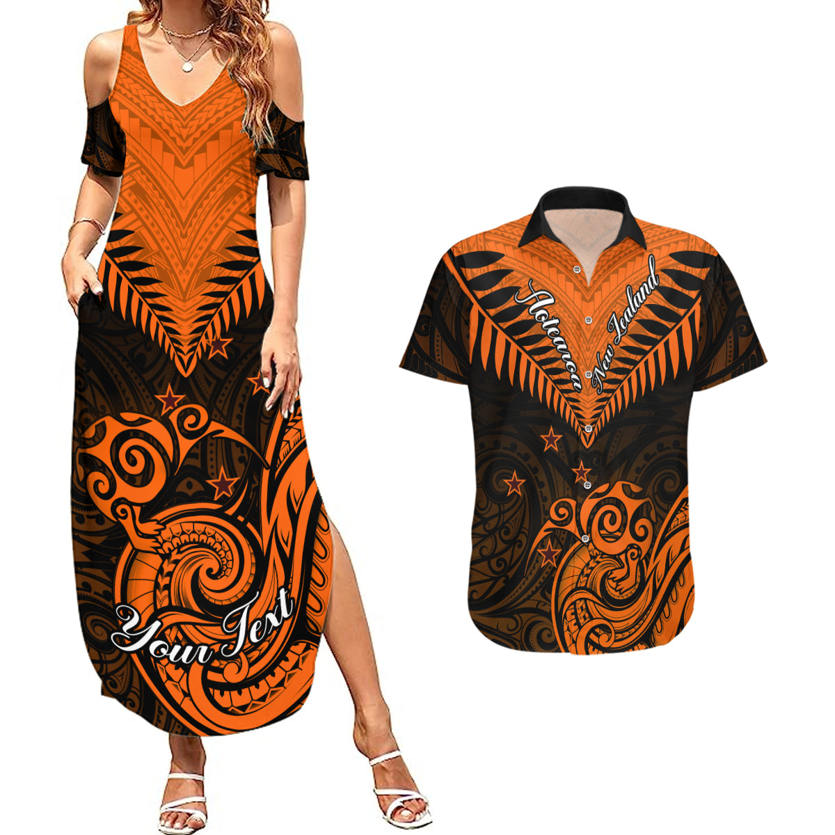 Personalised New Zealand Couples Matching Summer Maxi Dress and Hawaiian Shirt Aotearoa Maori Kiwi Orange Fern - Wonder Print Shop