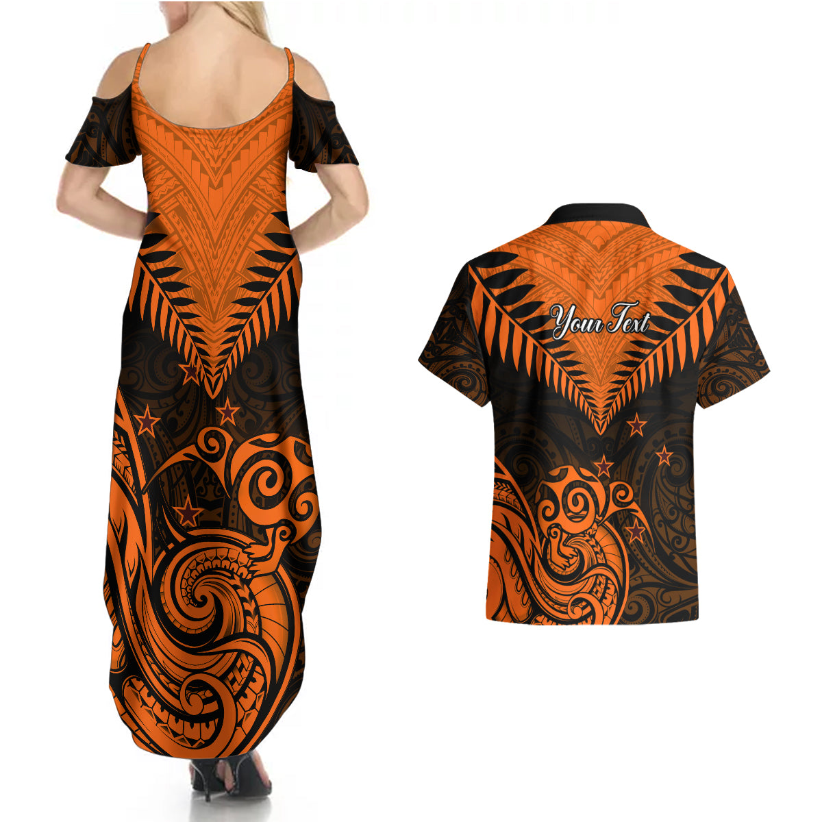 Personalised New Zealand Couples Matching Summer Maxi Dress and Hawaiian Shirt Aotearoa Maori Kiwi Orange Fern - Wonder Print Shop