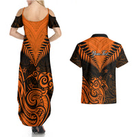 Personalised New Zealand Couples Matching Summer Maxi Dress and Hawaiian Shirt Aotearoa Maori Kiwi Orange Fern - Wonder Print Shop