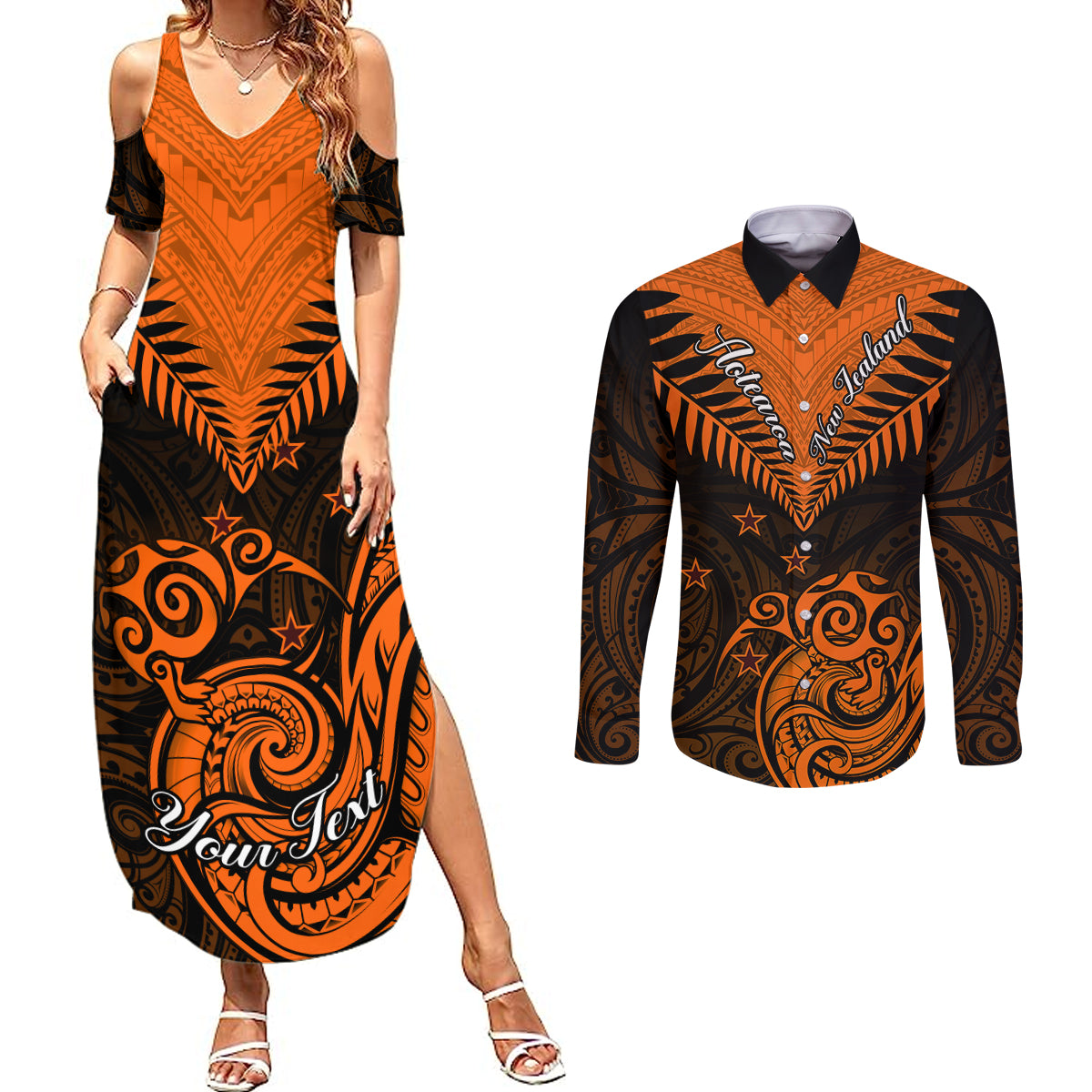 Personalised New Zealand Couples Matching Summer Maxi Dress and Long Sleeve Button Shirts Aotearoa Maori Kiwi Orange Fern - Wonder Print Shop