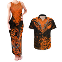 Personalised New Zealand Couples Matching Tank Maxi Dress And Hawaiian Shirt Aotearoa Maori Kiwi Orange Fern - Wonder Print Shop