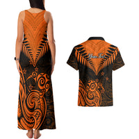 Personalised New Zealand Couples Matching Tank Maxi Dress And Hawaiian Shirt Aotearoa Maori Kiwi Orange Fern - Wonder Print Shop