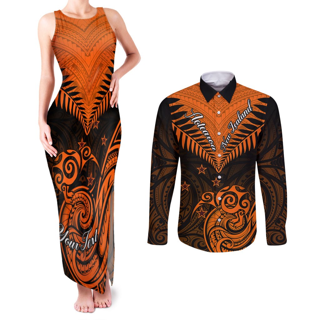 Personalised New Zealand Couples Matching Tank Maxi Dress and Long Sleeve Button Shirts Aotearoa Maori Kiwi Orange Fern - Wonder Print Shop