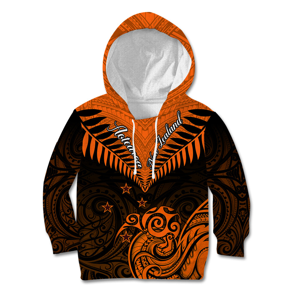 Personalised New Zealand Kid Hoodie Aotearoa Maori Kiwi Orange Fern - Wonder Print Shop
